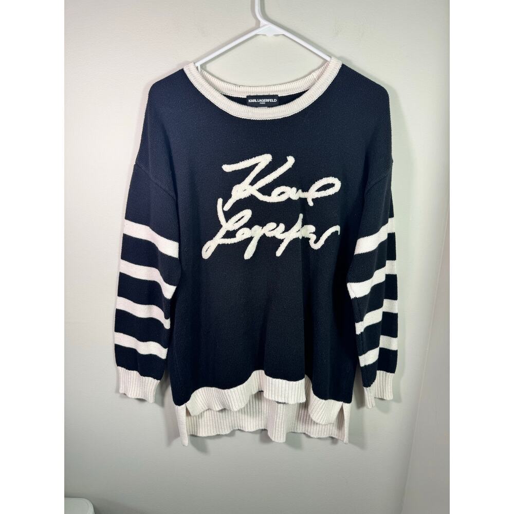 Karl Lagerfeld Paris Black White Signature Logo Striped Crewneck Sweater Size M